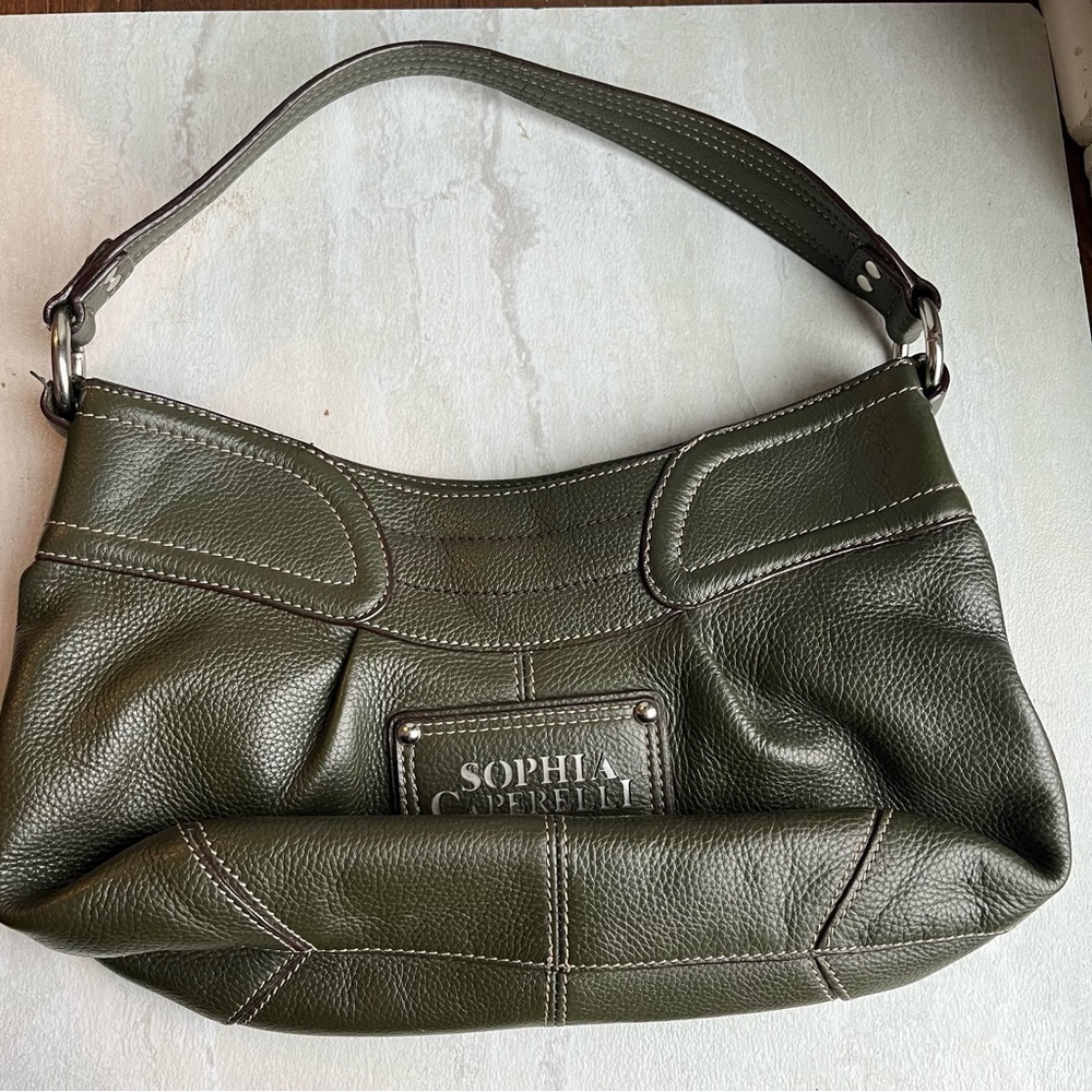 Sophia Caperelli Olive Green Leather Handbag leopard lined clean